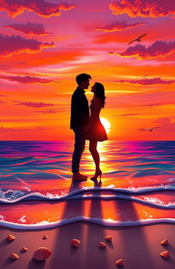 A digital painting showcasing a couple standing close together on a seaside during a breathtaking sunset