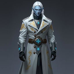 A tall, commanding Drow general named Jayce Kovacs, characterized by medium-length snow-white hair and luminous glowing blue irises set against a smooth neutral blue skin tone