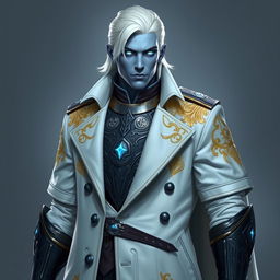 A tall, commanding Drow general named Jayce Kovacs, characterized by medium-length snow-white hair and luminous glowing blue irises set against a smooth neutral blue skin tone