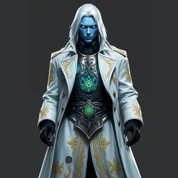 A tall, commanding Drow general named Jayce Kovacs, characterized by medium-length snow-white hair and luminous glowing blue irises set against a smooth neutral blue skin tone