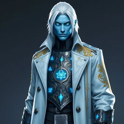 A tall, commanding Drow general named Jayce Kovacs, characterized by medium-length snow-white hair and luminous glowing blue irises set against a smooth neutral blue skin tone