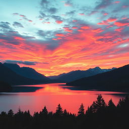 A stunning landscape with vibrant colors, depicting a breathtaking sunset over a serene lake