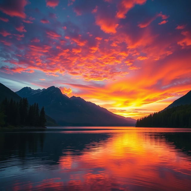 A stunning landscape with vibrant colors, depicting a breathtaking sunset over a serene lake