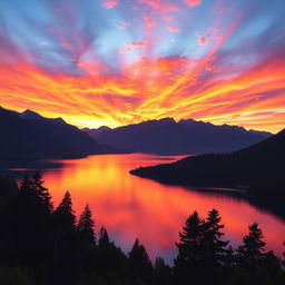 A stunning landscape with vibrant colors, depicting a breathtaking sunset over a serene lake