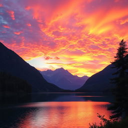 A stunning landscape with vibrant colors, depicting a breathtaking sunset over a serene lake
