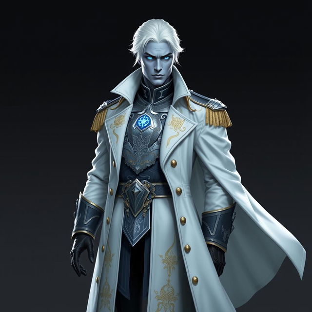 A tall, commanding Drow general named Jayce Kovacs, distinguished by medium-length snow-white hair and captivating glowing blue irises, set against a backdrop of smooth neutral blue skin