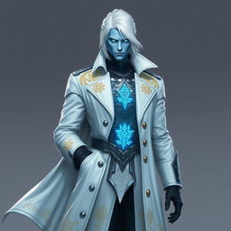 A tall, commanding Drow general named Jayce Kovacs, distinguished by medium-length snow-white hair and captivating glowing blue irises, set against a backdrop of smooth neutral blue skin