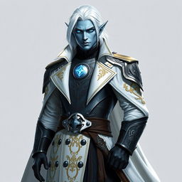 A tall, commanding Drow general named Jayce Kovacs, distinguished by medium-length snow-white hair and captivating glowing blue irises, set against a backdrop of smooth neutral blue skin