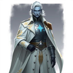 A tall, commanding Drow general named Jayce Kovacs, distinguished by medium-length snow-white hair and captivating glowing blue irises, set against a backdrop of smooth neutral blue skin