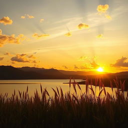 A breathtaking view of a yellow sky during sunset, casting a warm glow over a tranquil landscape