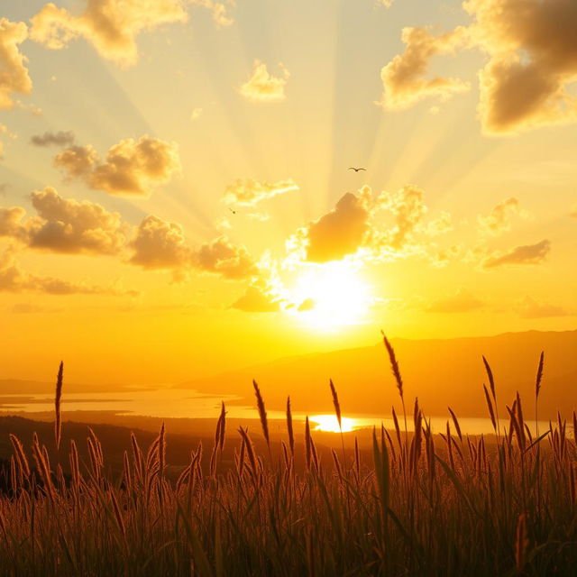 A breathtaking view of a yellow sky during sunset, casting a warm glow over a tranquil landscape