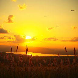 A breathtaking view of a yellow sky during sunset, casting a warm glow over a tranquil landscape