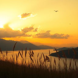 A breathtaking view of a yellow sky during sunset, casting a warm glow over a tranquil landscape