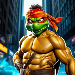 A vibrant superhero scene featuring a muscular character wearing a colorful ninja turtle mask, prominently showcasing the mask's distinctive features like a bright green face with expressive eyes and a signature colored bandana tied around the head