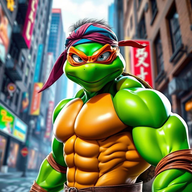 A vibrant superhero scene featuring a muscular character wearing a colorful ninja turtle mask, prominently showcasing the mask's distinctive features like a bright green face with expressive eyes and a signature colored bandana tied around the head