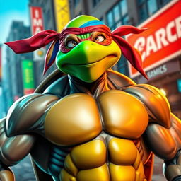 A vibrant superhero scene featuring a muscular character wearing a colorful ninja turtle mask, prominently showcasing the mask's distinctive features like a bright green face with expressive eyes and a signature colored bandana tied around the head