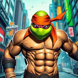 A vibrant superhero scene featuring a muscular character wearing a colorful ninja turtle mask, prominently showcasing the mask's distinctive features like a bright green face with expressive eyes and a signature colored bandana tied around the head