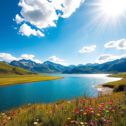 A vibrant and clear photo of a serene landscape featuring a lush green meadow under a bright sky with fluffy white clouds