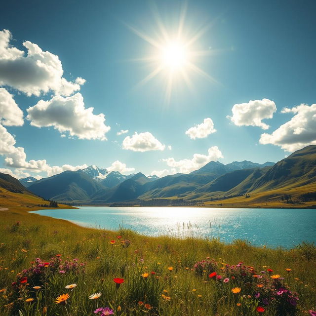 A vibrant and clear photo of a serene landscape featuring a lush green meadow under a bright sky with fluffy white clouds