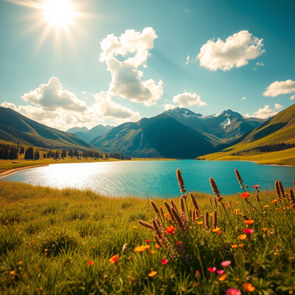 A vibrant and clear photo of a serene landscape featuring a lush green meadow under a bright sky with fluffy white clouds