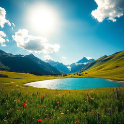 A vibrant and clear photo of a serene landscape featuring a lush green meadow under a bright sky with fluffy white clouds