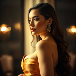 A stunning woman wearing elegant and revealing clothing that beautifully outlines her curves and silhouette