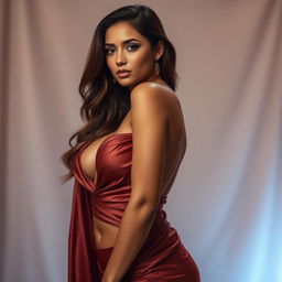 A stunning woman wearing elegant and revealing clothing that beautifully outlines her curves and silhouette