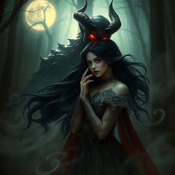 A mysterious scene depicting an enchanting lady with flowing dark hair, dressed in lavish, ethereal garments, softly whispering secrets to a shadowy demon figure with crimson glowing eyes