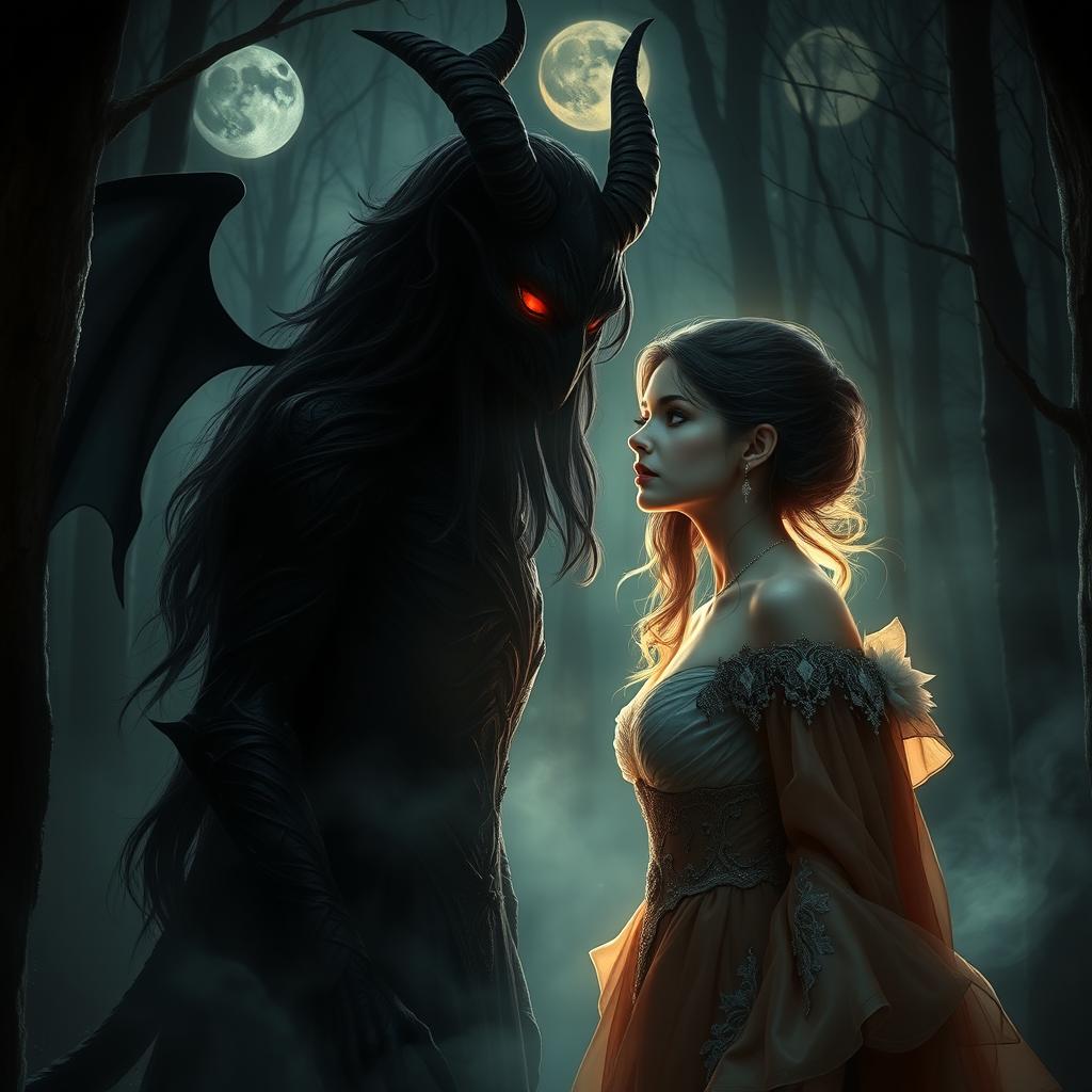 A mysterious scene depicting an enchanting lady with flowing dark hair, dressed in lavish, ethereal garments, softly whispering secrets to a shadowy demon figure with crimson glowing eyes