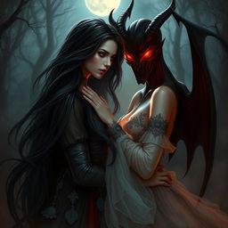 A mysterious scene depicting an enchanting lady with flowing dark hair, dressed in lavish, ethereal garments, softly whispering secrets to a shadowy demon figure with crimson glowing eyes