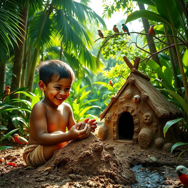 A young boy joyfully building a mud house in a lush, vibrant jungle