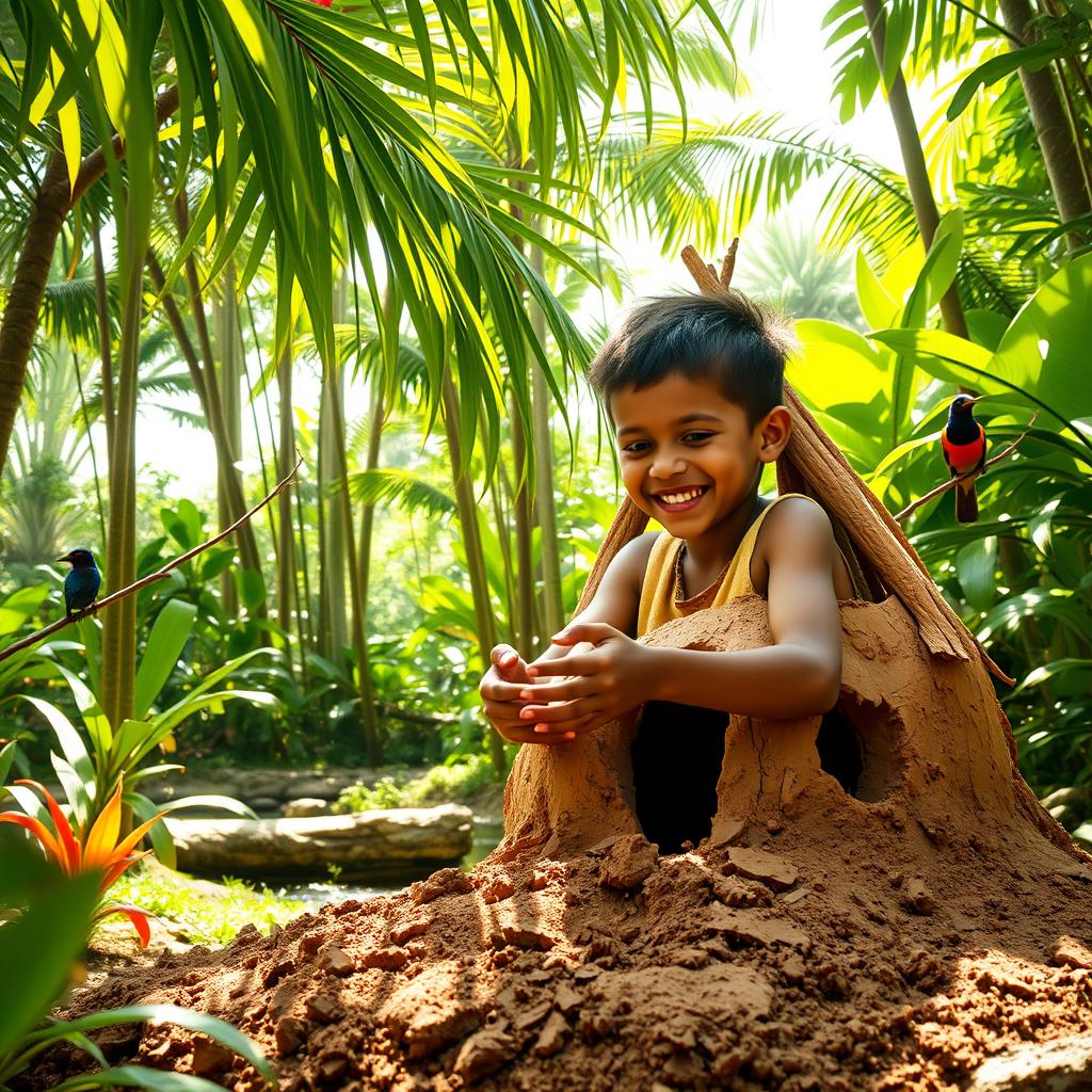 A young boy joyfully building a mud house in a lush, vibrant jungle