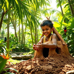 A young boy joyfully building a mud house in a lush, vibrant jungle