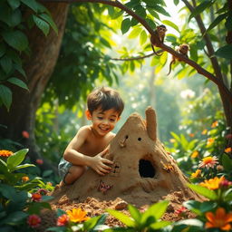 A young boy happily constructing a mud house in a lush, vibrant jungle