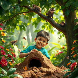 A young boy happily constructing a mud house in a lush, vibrant jungle