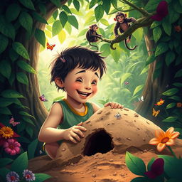 A young boy happily constructing a mud house in a lush, vibrant jungle