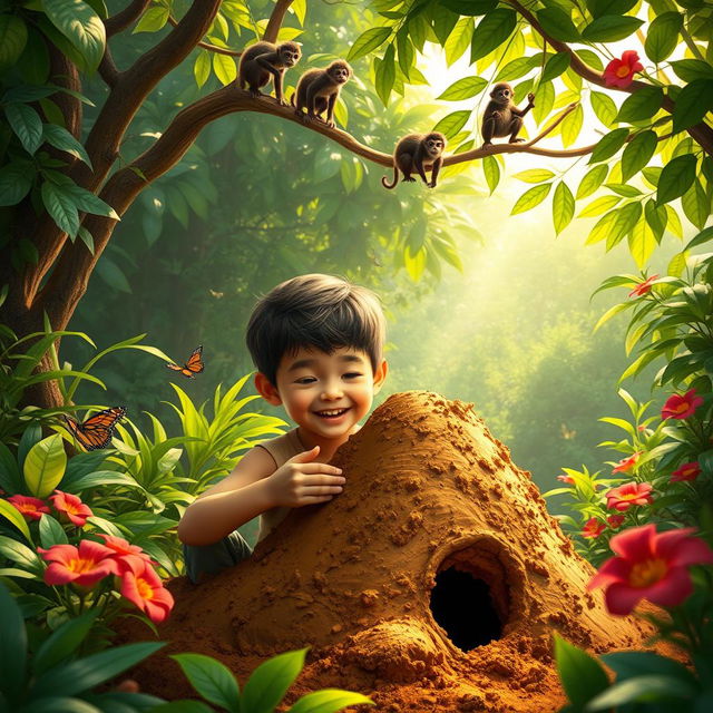 A young boy happily constructing a mud house in a lush, vibrant jungle