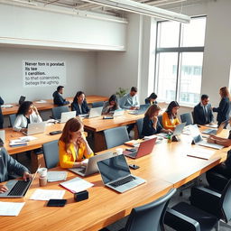 A sleek, modern office environment showcasing a busy professional atmosphere
