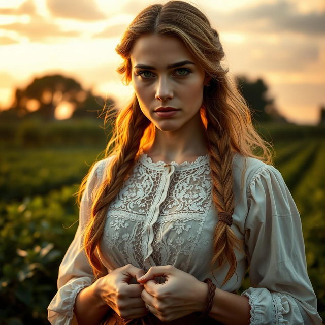 A striking and powerful image of a white woman in a historical setting, portraying a sense of strength and resilience