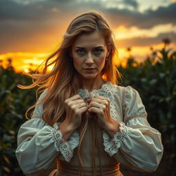 A striking and powerful image of a white woman in a historical setting, portraying a sense of strength and resilience