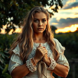 A striking and powerful image of a white woman in a historical setting, portraying a sense of strength and resilience