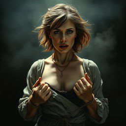 A dramatic and intense scene set in a historical context, featuring a white woman with her hands tied, evoking feelings of tension and vulnerability