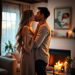 A romantic scene depicting a passionate kiss between a couple