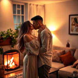 A romantic scene depicting a passionate kiss between a couple
