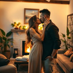 A romantic scene depicting a passionate kiss between a couple