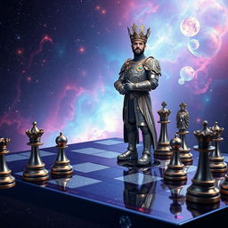 A regal chess prince standing confidently on a futuristic chessboard that extends into outer space