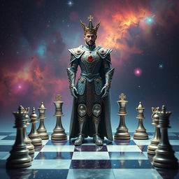 A regal chess prince standing confidently on a futuristic chessboard that extends into outer space