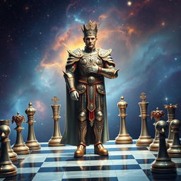 A regal chess prince standing confidently on a futuristic chessboard that extends into outer space
