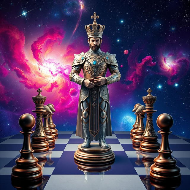 A regal chess prince standing confidently on a futuristic chessboard that extends into outer space