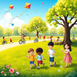 A vibrant and cheerful scene depicting children engaging in outdoor activities at a sunny park